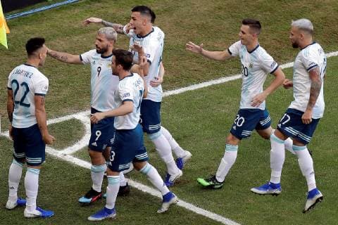 Argentina s players jubilate a goal by Lautaro Martinez (L) during the Copa America 2019 Group B soccer match between Qatar and Argentina, at Arena do Gremio Stadium in Porto Alegre , Brazil, 23 June 2019. Qatar vs. Argentina !ACHTUNG: NUR REDAKTIONELLE NUTZUNG!  Copyright: xJuanxIgnacioxRoncoronix SCA1547 20190623-636969225236852265