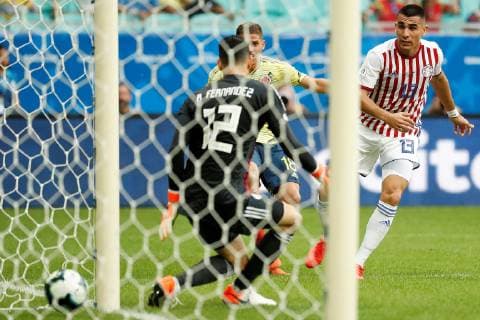 Colombia s Gustavo Cuellar (C) scores a goal during the Copa America 2019 Group B soccer match between Colombia and Paraguay, at Arena Fonte Nova Stadium in Salvador, Brazil, 23 June 2019. Colombia vs. Paraguay !ACHTUNG: NUR REDAKTIONELLE NUTZUNG!  Copyright: xRaulxSpinassex SCA1685 20190623-636969242924983861