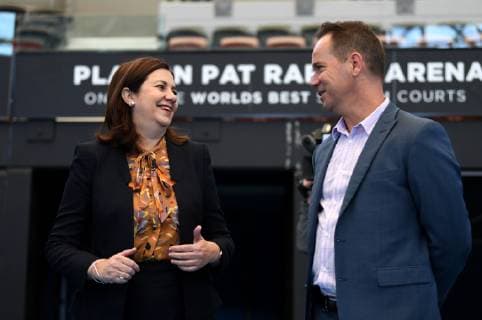 TENNIS AUSTRALIA ASH BARTY REAX, Queensland Premier Annastacia Palaszczuk (left) and the President of Tennis Queensland Mark Bloomfield chat before a press conference, PK, Pressekonferenz to acknowledge Ash Barty s new world number one ranking at the Pat Rafter Arena in Brisbane, Monday, June 24, 2019. Barty was elevated to the top spot after winning the Birmingham Classic in the UK. ( NO ARCHIVING, EDITORIAL USE ONLY, NO USE IN BOOKS WITHOUT CONSENT BRISBANE QLD AUSTRALIA  Copyright: xDANxPELEDx 20190624001405765014