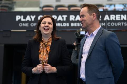 TENNIS AUSTRALIA ASH BARTY REAX, Queensland Premier Annastacia Palaszczuk (left) and the President of Tennis Queensland Mark Bloomfield chat before a press conference, PK, Pressekonferenz to acknowledge Ash Barty s new world number one ranking at the Pat Rafter Arena in Brisbane, Monday, June 24, 2019. Barty was elevated to the top spot after winning the Birmingham Classic in the UK. ( NO ARCHIVING, EDITORIAL USE ONLY, NO USE IN BOOKS WITHOUT CONSENT BRISBANE QLD AUSTRALIA  Copyright: xDANxPELEDx 20190624001405764950