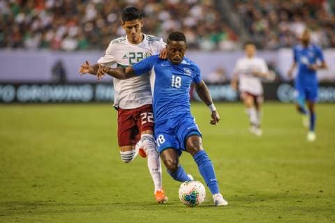 June 23, 2019: Martinique defender Samuel Camille (18) and Mexico defender Jorge Sanchez (22) battle for the ball during the CONCACAF Gold Cup soccer match between Martinique and Mexico held at Bank of America Stadium in Charlotte, NC. CSM 2019 CONCACAF Gold Cup: Martinique vs Mexico JUN 23 - ZUMAc04_ 20190623_zaf_c04_163 Copyright: xJonathanxHuffx