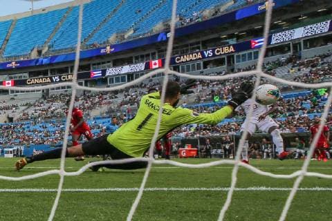 June 23, 2019: Cuba goalkeeper Sandy Sanchez (1) tires to make a diving stop during the CONCACAF Gold Cup soccer match between Canada and Cuba held at Bank of America Stadium in Charlotte, NC. CSM 2019 CONCACAF Gold Cup: Canada vs Cuba JUN 23 - ZUMAc04_ 20190623_zaf_c04_177 Copyright: xJonathanxHuffx