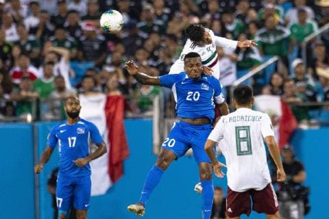 June 23, 2019: Mexico defender Edson Alvarez (4) battles Martinique midfielder Stephane Abaul (20) for the header in the 2019 Gold Cup match at Bank of America Stadium in Charlotte, NC. ( ) 2019 CONCACAF Gold Cup: Martinique vs Mexico JUN 23 - ZUMAc04_ 20190623_zaf_c04_181 Copyright: xScottxKinserx