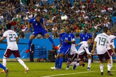 June 23, 2019: Martinique defender Jordy Delem (8) heads in a goal in the 2019 Gold Cup match at Bank of America Stadium in Charlotte, NC. ( ) 2019 CONCACAF Gold Cup: Martinique vs Mexico JUN 23 - ZUMAc04_ 20190623_zaf_c04_204 Copyright: xScottxKinserx