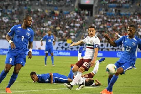 Martinique s Kevin Fortune (L) and Romario Barthelery (R) in action against Mexico s Andres Guardado (C) during a game of the Gold Cup between Martinique and Mexico, at the Bank of America Stadium in Charlotte, North Carolina, USA, 23 June 2019. Mexico - Martinique !ACHTUNG: NUR REDAKTIONELLE NUTZUNG!  Copyright: xWALTERxGOMEZx AME6093 20190624-636969545966161642