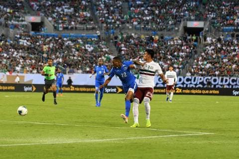 Martinique s Romario Barthelery (C-L) in action against Mexico s Jesus Gallardo (C-R) during a game of the Gold Cup between Martinique and Mexico, at the Bank of America Stadium in Charlotte, North Carolina, USA, 23 June 2019. Mexico - Martinique !ACHTUNG: NUR REDAKTIONELLE NUTZUNG!  Copyright: xWALTERxGOMEZx AME6095 20190624-636969546599645674