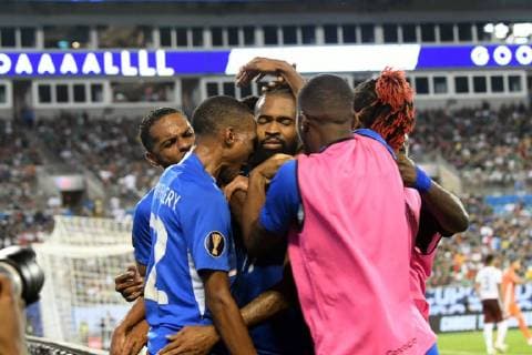Martinique s players celebrate after scoring during a game of the Gold Cup between Martinique and Mexico, at the Bank of America Stadium in Charlotte, North Carolina, USA, 23 June 2019. Mexico - Martinique !ACHTUNG: NUR REDAKTIONELLE NUTZUNG!  Copyright: xWALTERxGOMEZx AME6105 20190624-636969546615739760