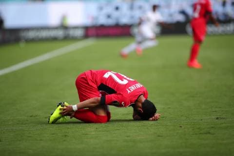CHARLOTTE, NC - JUNE 23: Cuba midfielder Roberney Caballero (22) is hurt during the 1st half of the CONCACAF Gold Cup game with Canada versus Cuba on June 23rd, 2019, at Bank of America Stadium in Charlotte, NC. (Photo by Jaylynn Nash Icon Sportswire) SOCCER: JUN 23 CONCACAF Gold Cup Group A - Canada v Cuba Icon19062300013