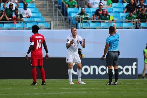 CHARLOTTE, NC - JUNE 23: Canada midfielder Scott Arfield (8) receives a yellow cardduring the 1st half of the CONCACAF Gold Cup game with Canada versus Cuba on June 23rd, 2019, at Bank of America Stadium in Charlotte, NC. (Photo by Jaylynn Nash Icon Sportswire) SOCCER: JUN 23 CONCACAF Gold Cup Group A - Canada v Cuba Icon19062300023