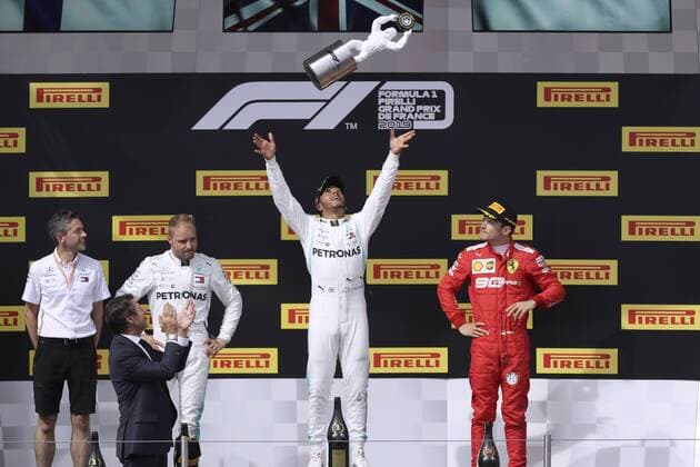HAMILTON Lewis F1 Team Mercedes AMG winner at the award ceremony with cup with BOTTAS and LECLERC Formula 1 GP 2019 France on 23 06 2019 at Le Castellet