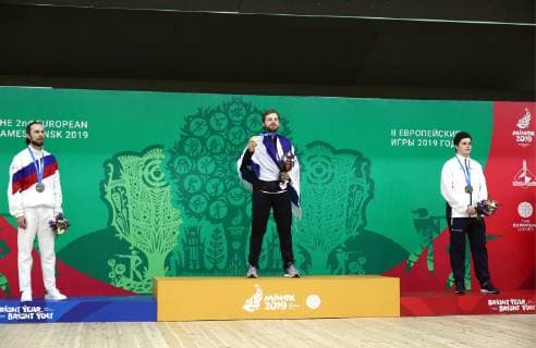 MINSK, BELARUS â€“ JUNE 24, 2019: Silver medallist Sergei Kamensky of Russia, gold medallist Sergey Richter of Israel, and bronze medallist Filip Nepejchal of the Czech Republic, from left, pose at a victory ceremony for a men s 10m air rifle event at the Minsk 2019 Europaspiele Sergei Bobylev TASS  TS0B0B89