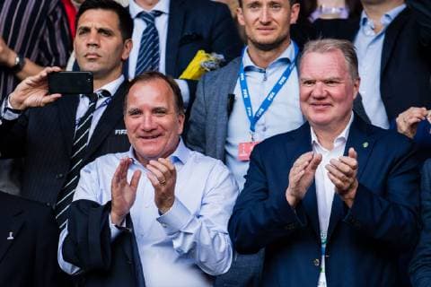 190624 Prime Minister of Sweden Stefan Löfven and President os the Swedish Football Federation Karl Erik Nilsson in the stands during the FIFA WomenÂ s World Cup round of sixteen match between Sweden and Canada on June 24, 2019 in Paris Photo Simon Hastegard Bildbyran Kod SH 180086 bbeng fotboll football fotball soccer dam women kvinner frankrike france vm vm 2019 verdensmesterskap världsmästerskap fifa women s world cup 2019 world cup attondelsfinal knockout stage canada kanada sverige sweden,  Copyright: SIMONxHASTEGARD BB190624SH030