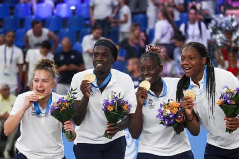 MINSK, BELARUS - JUNE 24, 2019: French players pose with their gold medals at a victory ceremony after the women s 3x3 bastketball event at the 2nd Europaspiele Natalia Fedosenko TASS  TS0B0CDE