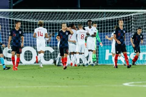 Serravalle, San Marino, 24 06 2019, UEFA U 21 European Championship Italy 2019, Group stage, Group C, Croatia England, Nikola Moro CRO , Lovro Majer CRO , Branimir Kalaica CRO disappointed after conceding Defodi 01048 184122 Defodi-048