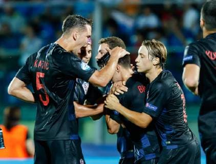 Serravalle, San Marino, 24 06 2019, UEFA U 21 European Championship Italy 2019, Group stage, Group C, Croatia England, cheers, goal celebration for Josip Brekalo CRO after the goal to 1 1 Defodi 01048 184139 Defodi-048