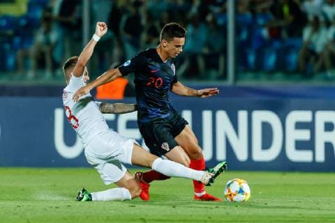 Serravalle, San Marino, 24 06 2019, UEFA U 21 European Championship Italy 2019, Group Phase, Group C, Croatia England, James Maddison GBR and Lloyd Kelly GBR in the total Defodi 01048 184147 Defodi-048