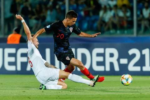 Serravalle, San Marino, 24 06 2019, UEFA U 21 European Championship Italy 2019, Group Phase, Group C, Croatia England, James Maddison GBR and Lloyd Kelly GBR in the total Defodi 01048 184148 Defodi-048