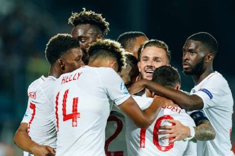 Serravalle, San Marino, 24 06 2019, UEFA U 21 European Championship Italy 2019, Group stage, Group C, Croatia England, cheering, Jonjoe Kenny GBR on goal for 2 3 Defodi 01048 184171 Defodi-048
