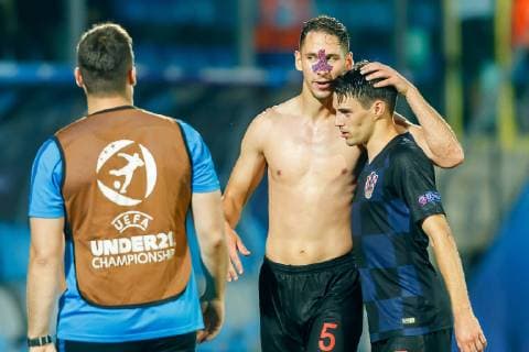 Serravalle, San Marino, 24 06 2019, UEFA U 21 European Championship Italy 2019, Group Phase, Group C, Croatia England, Nikola Katic CRO , Josip Brekalo CRO after 3 3 Defodi 01048 184183 Defodi-048