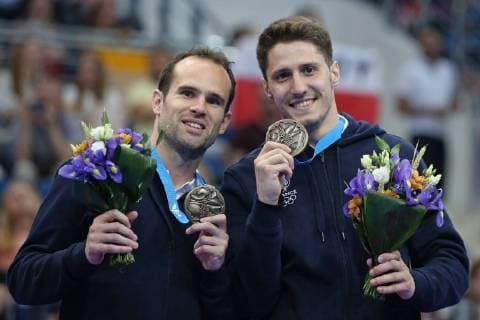 Sebastien Martiny dark and thin hair and Allan Morante, FRA, after synchronized final at the 2nd European Games in Minsk 24 06 2019