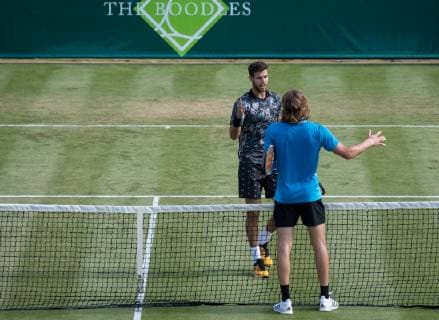 Karen Khachanov of Russia after his win over Stefanos Tsitsipas of Greece during The BOODLES Tennis exhibition event 2019 at Stoke Park, Slough, England on 26 June 2019. Copyright: xAndyxRowlandx PMI-2882-0006