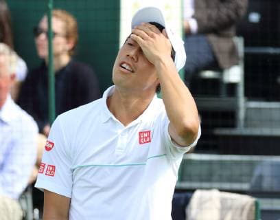 June 26, 2019 - London, United Kingdom - Kei Nishikori plays against Lucas Pouille at the Aspall Tennis Classic - an annual Pre Wimbledon grass court Exhibition event - at the Hurlingham Club in London Aspall Tennis Classic at the Hurlingham Club in London, UK - 26 Jun 2019 - ZUMAs197 20190626_zaa_s197_142 Copyright: xKeithxMayhewx