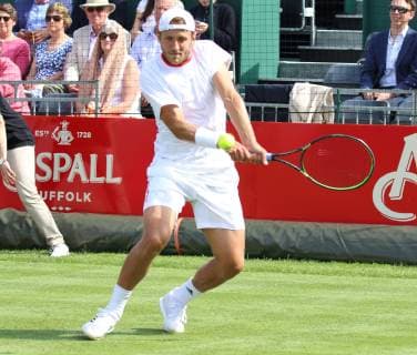 June 26, 2019 - London, United Kingdom - Lucas Pouille plays against Kei Nishikori at the Aspall Tennis Classic - an annual Pre Wimbledon grass court Exhibition event - at the Hurlingham Club in London Aspall Tennis Classic at the Hurlingham Club in London, UK - 26 Jun 2019 - ZUMAs197 20190626_zaa_s197_143 Copyright: xKeithxMayhewx
