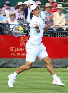 June 26, 2019 - London, United Kingdom - Kei Nishikori plays against Lucas Pouille at the Aspall Tennis Classic - an annual Pre Wimbledon grass court Exhibition event - at the Hurlingham Club in London Aspall Tennis Classic at the Hurlingham Club in London, UK - 26 Jun 2019 - ZUMAs197 20190626_zaa_s197_145 Copyright: xKeithxMayhewx
