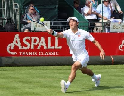 June 26, 2019 - London, United Kingdom - Kei Nishikori plays against Lucas Pouille at the Aspall Tennis Classic - an annual Pre Wimbledon grass court Exhibition event - at the Hurlingham Club in London Aspall Tennis Classic at the Hurlingham Club in London, UK - 26 Jun 2019 - ZUMAs197 20190626_zaa_s197_149 Copyright: xKeithxMayhewx