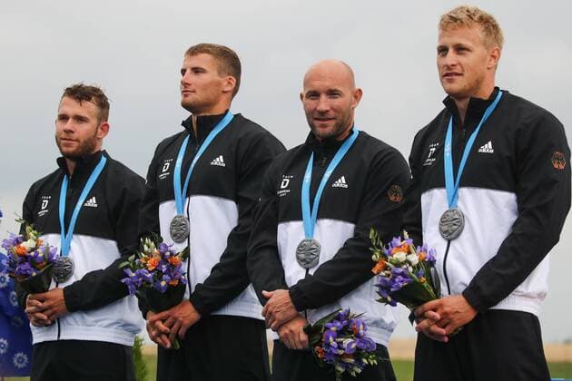 Sport Themen der Woche KW26 Sport Bilder des Tages MINSK REGION, BELARUS - JUNE 27, 2019: Silver medallists Max Lemke, Tom Liebscher, Ronald Rauhe, and Max Rendschmidt of Germany (L-R) during the victory ceremony for the men s 500m four person kayak (K4) final at the Regatta Course in Zaslavl, Minsk Region, at the 2nd Europaspiele Sergei Bobylev TASS  TS0B123D