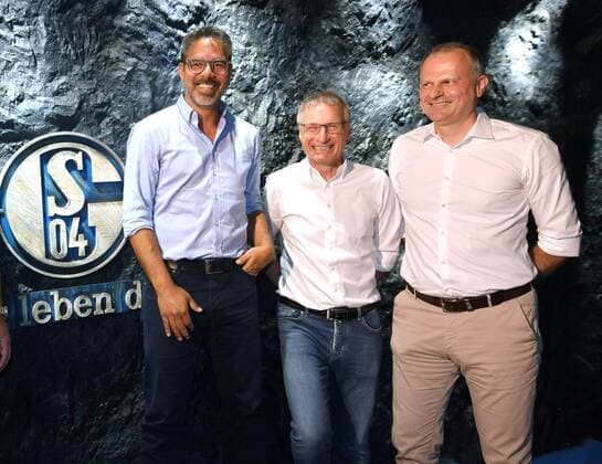 27 06 2019, Soccer GER, Season 2019 2020, Press conference of FC Schalke 04, Presentation of the sports management, from left , Coach David Wagner FC Schalke 04 , Michael Reschke Technical Director FC Schalke 04 , Jochen Schneider Member of the Board Sport FC Schalke 04 Team2