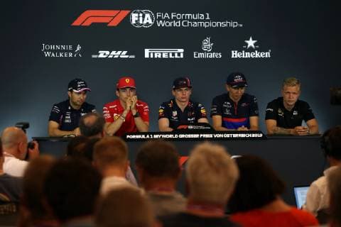 Photo4 LaPresse 27 06 2019 Spielberg, Austria Grand Prix Formula One Austria 2019 In the pic: press conference, PK, Pressekonferenz Sergio Perez (MEX) Racing Point F1 Team RP19 Charles Leclerc (MON) Scuderia Ferrari SF90 Max Verstappen (NED) Red Bull Racing RB15 Alexander Albon (THA) Scuderia Toro Rosso STR14 Kevin Magnussen (DEN) Haas F1 Team VF-19  Copyright: xPhoto4 LaPressex