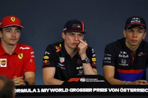 FORMULA 1 - GP of Austria 2019 SPIELBERG,AUSTRIA,27.JUN.19 - MOTORSPORTS, FORMULA 1 - Grand Prix of Austria, Red Bull Ring, preview, press conference, PK, Pressekonferenz Image shows Charles Leclerc (MON Ferrari), Max Verstappen (NED Red Bull Racing) and Alexander Albon (THA Scuderia Toro Rosso). GEPAxpictures xAndreasxPranter