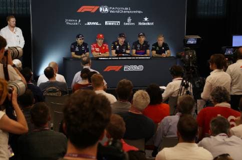 FORMULA 1 - GP of Austria 2019 SPIELBERG,AUSTRIA,27.JUN.19 - MOTORSPORTS, FORMULA 1 - Grand Prix of Austria, Red Bull Ring, preview, press conference, PK, Pressekonferenz Image shows Sergio Perez (MEX Racing Point), Charles Leclerc (MON Ferrari), Max Verstappen (NED Red Bull Racing), Alexander Albon (THA Scuderia Toro Rosso) and Romain Grosjean (FRA Haas). GEPAxpictures xAndreasxPranter
