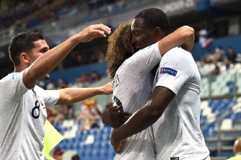 Photo Massimo Paolone LaPresse June 27, 2019 Reggio Emilia, Italy soccer Spain vs France - UEFA Under 21 Championship Italy 2019 - Semi-finals - "Mapei - Citt& xe0; del Tricolore" stadium. In the pic: Jean Philippe Mateta (Francia) celebrates after scoring goal 0-1  Copyright: xMassimoxPaolone LaPressex