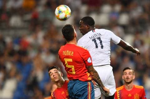 Photo Massimo Paolone LaPresse June 27, 2019 Reggio Emilia, Italy soccer Spain vs France - UEFA Under 21 Championship Italy 2019 - Semi-finals - "Mapei - Citt& xe0; del Tricolore" stadium. In the pic: Jean Philippe Mateta (Francia) competes for the ball with Unai Nunez (Spagna)  Copyright: xMassimoxPaolone LaPressex