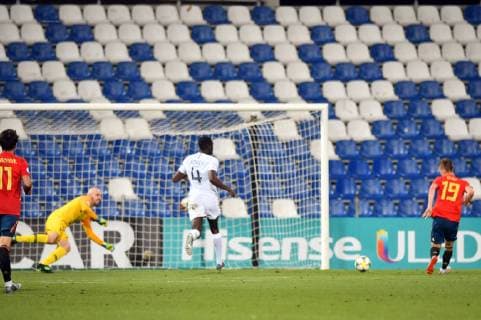 Photo Massimo Paolone LaPresse June 27, 2019 Reggio Emilia, Italy soccer Spain vs France - UEFA Under 21 Championship Italy 2019 - Semi-finals - "Mapei - Citt& xe0; del Tricolore" stadium. In the pic: Dani Olmo (Spagna) goal 3-1  Copyright: xMassimoxPaolone LaPressex