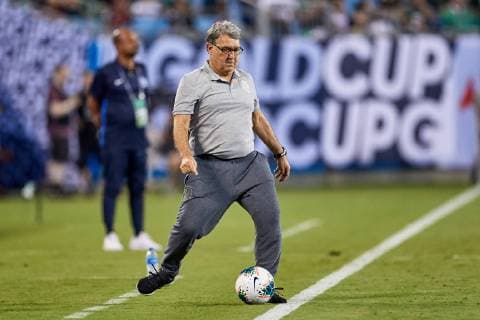 CHARLOTTE, NC - JUNE 23: Mexico head coach Gerardo Martino kicks the ball in game action during a Gold Cup Group A match between Mexico and Martinique on June 23, 2019 at Bank of America Stadium in Charlotte, NC. (Photo by Robin Alam Icon Sportswire) SOCCER: JUN 23 CONCACAF Gold Cup Group A - Mexico v Martinique Icon164062319157
