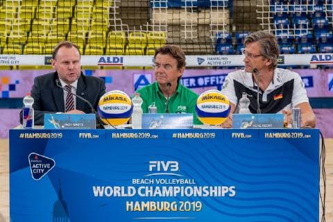 FIVB Beach Volleyball World Championships Hamburg 2019 28 06 2019 Andy Grote Senator für Inneres und Sport , Hannes Jagerhofer CEO Major Series , Rene Hecht DVV President FIVB Beach Volleyball World Championships Hamburg 2019 28 06 2019, Hamburg xPWx