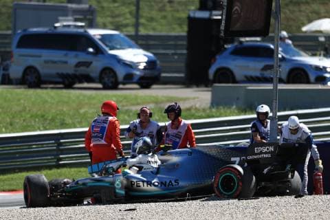 28th June 2019, Red Bull Ring, Spielberg, Austria; FIA Formula 1 Grand Prix, practice sessions; Mercedes AMG Petronas Motorsport, Valtteri Bottas crashes at Turn 6 and destroys the front end of his car  ActionPlus12148593 Octane