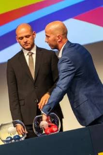 HANDBALL - EHF Euro 2020, draw VIENNA,AUSTRIA,28.JUN.19 - HANDBALL - EHF European Championship, EM, Europameisterschaft 2020, draw. Image shows Bozidar Djurkovic, secretary general Martin Hausleitner (EHF) and Robert Weber. GEPAxpictures xPhilippxBrem