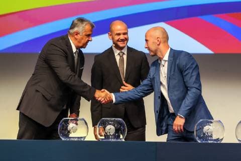 HANDBALL - EHF Euro 2020, draw VIENNA,AUSTRIA,28.JUN.19 - HANDBALL - EHF European Championship, EM, Europameisterschaft 2020, draw. Image shows executive comitee member Bozidar Djurkovic (EHF), secretary general Martin Hausleitner (EHF) and Robert Weber. GEPAxpictures xPhilippxBrem