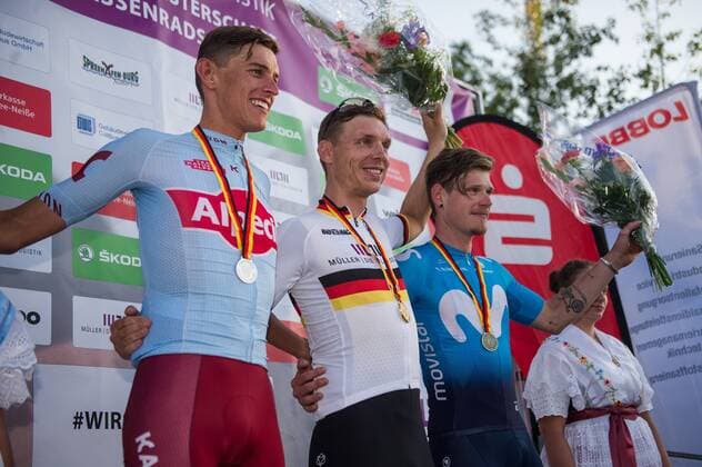 Podium v l n r 2 Nils Politt GER Team Katusha Alpecin 1 Tony Martin GER Team Jumbo Visma 3 Jasha Suettrerlin Sütterlin GER Movistar Team Landscape horizontal Event Event German Championships Time Trial Road Elite Men Location Spremberg Region Brandenburg Country Germany Date Date 28 06 2019 Cycling Cycling German Championships Time Trial Road Elite Men 28 06 2019