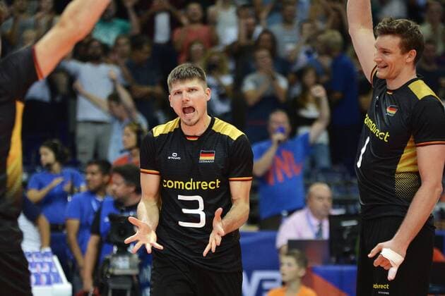 Volleyball, Nations League 2019, Leipzig 28 30 June 2019 , Game Germany vs. Portugal 28 06 2019 Cheers in the German team at Ruben Schott Germany, No 3 and Ruben Schott Germany, No 3 v l n r after the 3 1 victory in the game Germany vs. Portugal 28 06 2019 Leipzig Sachsen Deutschland Arena Leipzig