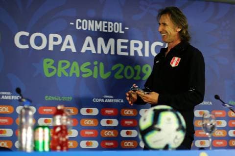 28th June 2019, Salvador, Brazil; Peru national team, Nationalteam press conference, PK, Pressekonferenz at the Arena Fonte Nova Stadium, Salvador, Brazil; Head coach Ricardo Gareca of Peru  ActionPlus12148762 HeulerxAndrey