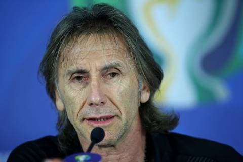 28th June 2019, Salvador, Brazil; Peru national team, Nationalteam press conference, PK, Pressekonferenz at the Arena Fonte Nova Stadium, Salvador, Brazil; Head coach Ricardo Gareca of Peru  ActionPlus12148767 HeulerxAndrey