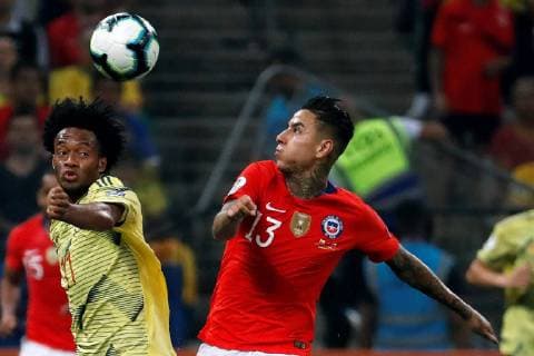 Colombia s Juan Cuadrado (L) vies for the ball with Charles Aranguiz (R) of Chile during the Copa America 2019 quarter-finals soccer match between Colombia and Chile, at Arena Corinthians Stadium in Sao Paulo, Brazil, 28 June 2019. Colombia vs. Chile !ACHTUNG: NUR REDAKTIONELLE NUTZUNG!  Copyright: xPauloxWhitakerx SCA2087 20190629-636973711744043482