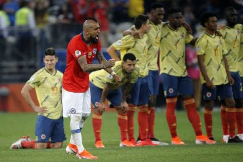 Futbol, Colombia vs Chile Copa America 2019 El jugador de la selecciones chilena Arturo Vidal celebra un penal contra Colombia durante el partido de cuartos de final de la Copa America disputado en el estadio Arena Corinthians de San Pablo, Brasil. 28 06 2019 Andres Pina Photosport Football, Colombia vs Chile Copa America Championship 2019 Chile s player Arturo Vidal celebrates a penalty against Colombia during the quarter final match of the Copa America Championship held at the Arena Corinthians stadium in Sao Paulo, Brazil. 28 06 2019 Andres Pina Photosport Colombia vs Chile, Copa America 2019 