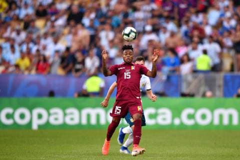 (190629) -- RIO DE JANEIRO, June 29, 2019 -- Venezuela s Jhon Murillo(Front) competes with Nicolas Tagliafico of Argentina during the Copa America 2019 quarterfinal match between Argentina and Venezuela, in Rio de Janeiro, Brazil, June 28, 2019. Argentina won 2-0. ) (SP)BRAZIL-RIO DE JANEIRO-FOOTBALL-COPA AMERICA 2019-ARG VS VEN XinxYuewei 