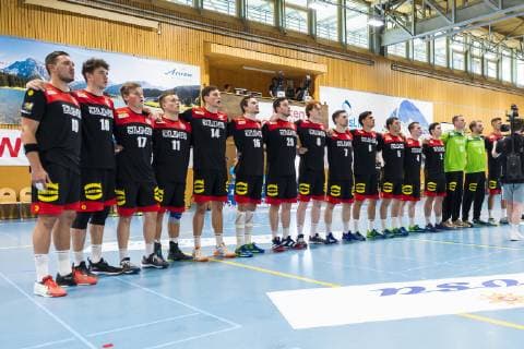 Kloten, Germany 28 June 2019 DHB U21 international match Airport Trophy Spain vs. Germany the team of Germany at the national anthem Kloten Sporthalle Ruebisbach Switzerland